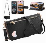 Compatible with Oppo A5 Pro 5G Crossbody Purse Bag Case, Magnetic PU Leather Wallet Cover Card Holders Zip Pocket with Long Lanyard-Black
