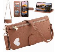 Compatible with Oppo Reno 14F 5G Crossbody Purse Bag Case, Magnetic PU Leather Wallet Cover Card Holders Zip Pocket with Long Lanyard-Brown