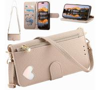 Compatible with Oppo Reno13 Pro Crossbody Purse Bag Case, Magnetic PU Leather Wallet Cover Card Holders Zip Pocket with Long Lanyard-Khaki