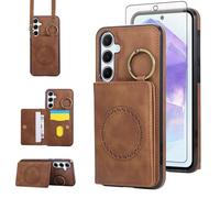 Compatible with Samsung Galaxy A16 5G/4G Wallet Case Screen Protector Crossbody Shoulder Strap Ring Buckle Stand Card Holder Magnetic Car Mount Phone Cover for A 16 16A SM-A166U Women Men Brown