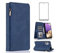 Compatible with Samsung Galaxy A32 5G 2021 6.5 inch Wallet Case Tempered Glass Screen Protector Zipper Flip Cover Card Holder Stand Phone for Gaxaly M32 G5 A 32 32A S32 SM-A326U A326U Navy Blue