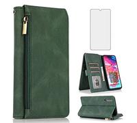 Compatible with Samsung Galaxy A70 Wallet Case Tempered Glass Screen Protector Zipper Leather Flip Cover Card Holder Stand Cell Accessories Phone for Glaxay A70S A 70 Gaxaly 70A S70 Women Men Green