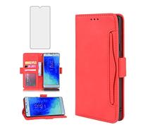 Compatible with Samsung Galaxy J3 Orbit J 3 Star 2018 3J Achieve Wallet Case Tempered Glass Screen Protector Card Holder Credit ID Slot Cell Phone Cover for Glaxay J3V V 3rd Gen Women Men Red
