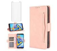 Compatible with Samsung Galaxy J6 Plus 2018 Wallet Case Tempered Glass Screen Protector Card Holder Credit ID Slot Phone Cover for Gaxaly J6 Prime Glaxay J6+ J6Plus SM J610G J610M Women Men Rose Gold