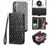 Compatible with Samsung Galaxy Note 20 Ultra 5G Wallet Case Zipper Screen Protector Crossbody Strap Glitter Flip Card Holder Phone Cover for Note20 Plus Notes 20Ultra Note20+ U + 20+ Women Black