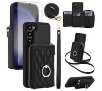 Compatible with Samsung Galaxy S23 5G Crossbody Wallet Case and Screen Protector Ring Kickstand Zipper Handbag RFID Blocking Card Holder S 23 23S GS23 G5 SM-S911U 6.1 inch for Women Girls Black