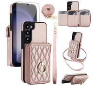 Compatible with Samsung Galaxy S23 5G Crossbody Wallet Case and Screen Protector Ring Kickstand Zipper Handbag RFID Blocking Card Holder S 23 23S GS23 G5 SM-S911U 6.1 inch for Women Girls Rose Gold