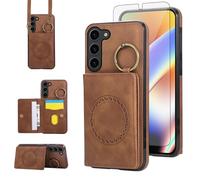 Compatible with Samsung Galaxy S23 5G Wallet Case and Screen Protector Crossbody Shoulder Strap Ring Buckle Stand Card Holder Magnetic Car Mount Cell Phone Cover for S 23 23S SM-S911U Women Men Brown