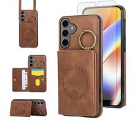 Compatible with Samsung Galaxy S24/S25 5G Wallet Case and Screen Protector Crossbody Shoulder Strap Ring Buckle Stand Card Holder Magnetic Car Mount Phone Cover for S 24 24S SM-S931U Women Men Brown