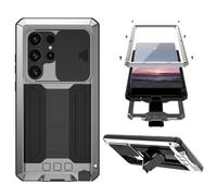Compatible with Samsung Galaxy S24 Ultra Metal Case with Slide Camera Cover Screen Protector Full Body Hybrid S 24 Ultra Case Metal Kickstand Military Heavy Duty Armor Silicone for Man Woman (Sliver)