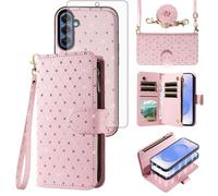 Compatible with Samsung Galaxy S25 5G Wallet Case Zipper Detachable Cell and Screen Protector Crossbody Lanyard Strap Bling Glitter Flip Phone Cover for S 25 25S 25 25S SM-S931U Women Girls Pink