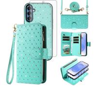 Compatible with Samsung Galaxy S25 5G Wallet Case Zipper Detachable Cell and Screen Protector Crossbody Lanyard Strap Bling Glitter Flip Phone Cover for S 25 25S 25 25S SM-S931U Women Girls Teal