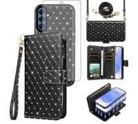 Compatible with Samsung Galaxy S25 5G Wallet Case Zipper Detachable Cell and Screen Protector Crossbody Lanyard Strap Bling Glitter Flip Phone Cover for S 25 25S 25 25S SM-S931U Women Girls Black