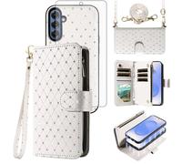 Compatible with Samsung Galaxy S25 Plus S25+ 5G Wallet Case Zipper Cell and Screen Protector Crossbody Lanyard Strap Bling Glitter Flip Phone Cover for S25Plus 25S + S 25 25+ SM-S936U Women White