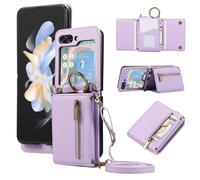 Compatible with Samsung Galaxy Z Flip 6 5G 2024 Wallet Case and Crossbody Shoulder Strap Ring Buckle Hinge Protection Stand Card Holder Phone Cover for ZFlip6 Z6 G Flip6 6Z Women Girls Men Purple