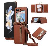 Compatible with Samsung Galaxy Z Flip 6 5G 2024 Wallet Case and Crossbody Shoulder Strap Ring Buckle Hinge Protection Stand Card Holder Phone Cover for ZFlip6 Z6 G Flip6 6Z Women Girls Men Brown