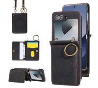 Compatible with Samsung Galaxy Z Flip 6 5G 2024 Wallet Case and Crossbody Shoulder Strap Ring Buckle Stand Card Holder Magnetic Car Mount Phone Cover for ZFlip6 Z6 G Flip6 ZFlip 6Z Women Men Black