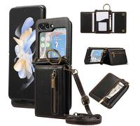 Compatible with Samsung Galaxy Z Flip 6 5G 2024 Wallet Case and Crossbody Shoulder Strap Ring Buckle Hinge Protection Stand Card Holder Phone Cover for ZFlip6 Z6 G Flip6 6Z Women Girls Men Black