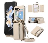 Compatible with Samsung Galaxy Z Flip 6 5G 2024 Wallet Case and Crossbody Shoulder Strap Ring Buckle Hinge Protection Stand Card Holder Phone Cover for ZFlip6 Z6 G Flip6 6Z Women Girls Men Beige