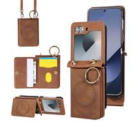 Compatible with Samsung Galaxy Z Flip 6 5G 2024 Wallet Case and Crossbody Shoulder Strap Ring Buckle Stand Card Holder Magnetic Car Mount Phone Cover for ZFlip6 Z6 G Flip6 ZFlip 6Z Women Men Brown