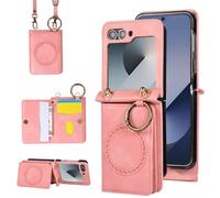 Compatible with Samsung Galaxy Z Flip 6 5G 2024 Wallet Case and Crossbody Shoulder Strap Ring Buckle Stand Card Holder Magnetic Car Mount Phone Cover for ZFlip6 Z6 G Flip6 ZFlip 6Z Women Men Pink