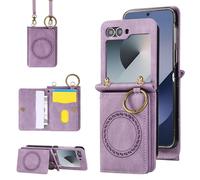Compatible with Samsung Galaxy Z Flip 6 5G 2024 Wallet Case and Crossbody Shoulder Strap Ring Buckle Stand Card Holder Magnetic Car Mount Phone Cover for ZFlip6 Z6 G Flip6 ZFlip 6Z Women Men Purple