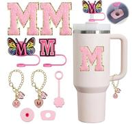 Compatible with Stanley Cup Accessories, 9PCS Butterfly Letter Charms 10mm Stanley Straw Cover Cap for Stanley Cup 30&40 Oz, Silicone Stanley Straw Toppers for Stanley Tumbler (M)