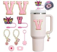 Compatible with Stanley Cup Accessories, 9PCS Butterfly Letter Charms 10mm Stanley Straw Cover Cap for Stanley Cup 30&40 Oz, Silicone Stanley Straw Toppers for Stanley Tumbler (V)