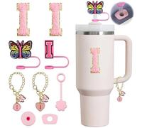 Compatible with Stanley Cup Accessories, 9PCS Butterfly Letter Charms 10mm Stanley Straw Cover Cap for Stanley Cup 30&40 Oz, Silicone Stanley Straw Toppers for Stanley Tumbler (I)