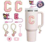 Compatible with Stanley Cup Accessories, 9PCS Butterfly Letter Charms 10mm Stanley Straw Cover Cap for Stanley Cup 30&40 Oz, Silicone Stanley Straw Toppers for Stanley Tumbler (C)