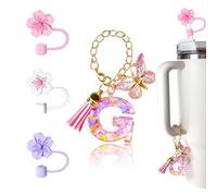 Compatible with Stanley Cup Accessories, Letter Charm and 3Pcs Silicone Straw Cover, 0.4" 10MM Straw Toppers for Stanley 30 40 oz Tumbler, Pink Initial Letter Charm with Butterfly and Tassel, Letter U