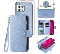 Compatible with T-Mobile Revvl 7 5G Wallet Case Zipper Cell Screen Protector Crossbody Strap Glitter Flip Card Holder Phone Cover for Tmobile Revvl7 T Mobile Revel Tmo Revell Rebel Women Light Blue