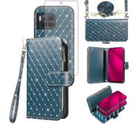 Compatible with T-Mobile Revvl 7 Pro 5G Wallet Case Zipper Cell Screen Protector Crossbody Strap Glitter Flip Card Holder Phone Cover for Tmobile T Mobile Revel Tmo Revell Rebel Women Dark Green