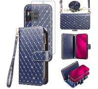 Compatible with T-Mobile Revvl 7 Pro 5G Wallet Case Zipper Cell Screen Protector Crossbody Strap Glitter Flip Card Holder Phone Cover for Tmobile T Mobile Revel Tmo Revell Rebel Women Dark Blue