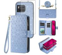 Compatible with T-Mobile Revvl 7 Pro 5G Wallet Case Zipper Cell Screen Protector Crossbody Strap Glitter Flip Card Holder Phone Cover for Tmobile T Mobile Revel Tmo Revell Rebel Women Light Blue