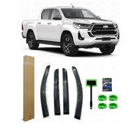 Compatible with Toyota Hilux Wind Deflectors 2016-2026 Double Cab | Smoked Tinted Rain Guards & Car Window Cleaning Tool Fluorescent Long Handle Drying Cloths 5-Pack | All-Weather Ventilation Kit