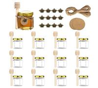ComPDCVD 12 Pack Mini Glass Honey Jars 1.5 oz Hexagon Honey Jars Clear Hexagon with Wooden Dipper, Gold Lids, Bronzy Bee Pendants, Round Kraft Paper, Jute Twine for Foods, Jams, Wedding Favors