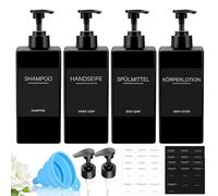 ComPDCVD Set of 4 Soap Dispensers Black Bottles for Filling 500 ml Shower Gel Dispenser Shampoo for Shower Plastic Pump Dispenser with Funnel and Waterproof Labels for Bathroom Kitchen