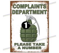Complaints Department Funny Metal Signs. Mancave Wall Plaques for Shed Garage Kitchen Indoor & Outdoor Tin Sign. Man Cave Vintage Memorabilia Reproduction Retro Design. 20cm x 15cm