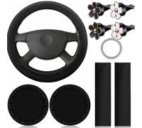 Complete 10 Piece Car Decor Kit Ladies Steering Wheel Protector Shoulder Pad Coasters Start Button Bling Air Freshener Clips(Black)