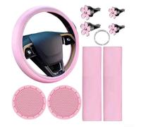 Complete 10 Piece Car Decor Kit Ladies Steering Wheel Protector Shoulder Pad Coasters Start Button Bling Air Freshener Clips(Pink)