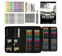 Complete 74 Piece Drawing Set - Beginner or Professional, Case With 24 Watercolour, 12 Colouring, 12 Metallic, 12 Lead Pencils and Accessories - 1 Sketch Book Included