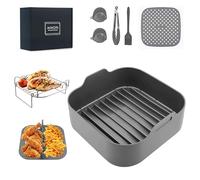 Complete 8 Pack Square Silicone Air Fryer Liners with Stainless Steel Rack & Elevated Base for Ninja AF180UK ON400UK Speedi, All-in-One Accessory Set (Gray)