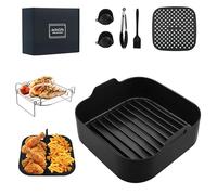 Complete 8 Pack Square Silicone Air Fryer Liners with Stainless Steel Rack & Elevated Base for Ninja AF180UK ON400UK Speedi, All-in-One Accessory Set (Black)