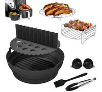 Complete 9 Pcs Round Silicone Air Fryer Accessories, Foldable Silicone Air Fryer Liner, Design to fit AF100UK, AF160UK, Cosori 5.5L, Ninja 15 in 1, 3.8L+ Round Air Fryers, 2.6mm Thickness (Black)
