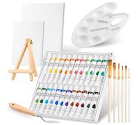 Complete Acrylic Paint Kit with Folding Wooden Easel - 24 Colours, 6 Brushes, Canvas, Spatula, Palette - Great for Artists and Kids Crafts