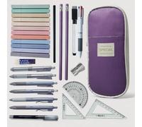 Complete Back to School Aesthetic Stationery Set, Large Pencil Case With School Supplies and College Essentials. Pens. Pencils, Eraser, Sharpener Geometry Set, Highlighters (Pastel Purple/Cream)
