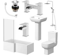 Complete Bathroom Suite Package Left Hand L Shaped 1700mm Bath 5mm Screen Shower Basin Pedestal Toilet Tap and Waste Set