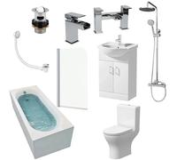Complete Bathroom Suite with 1700mm Bath, Curved Over Bath Screen, Basin Vanity Unit, Close Coupled WC, Shower Set, Basin & Bath Mixer Taps + Wastes