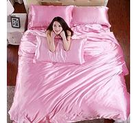 Complete Bedding Sets Double-Sided Satin Quilt Cover Summer Pure Color Satin ice Silk Four-Piece Silk Tencel Silk Satin Double 1.8m 2.0-Pink_220X240cm